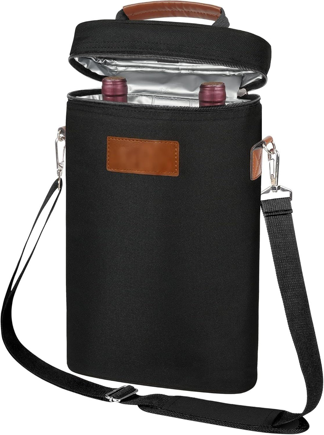 Unisex insulated dual wine bottle cooler bag in black with sturdy handle, perfect for picnics & travel.