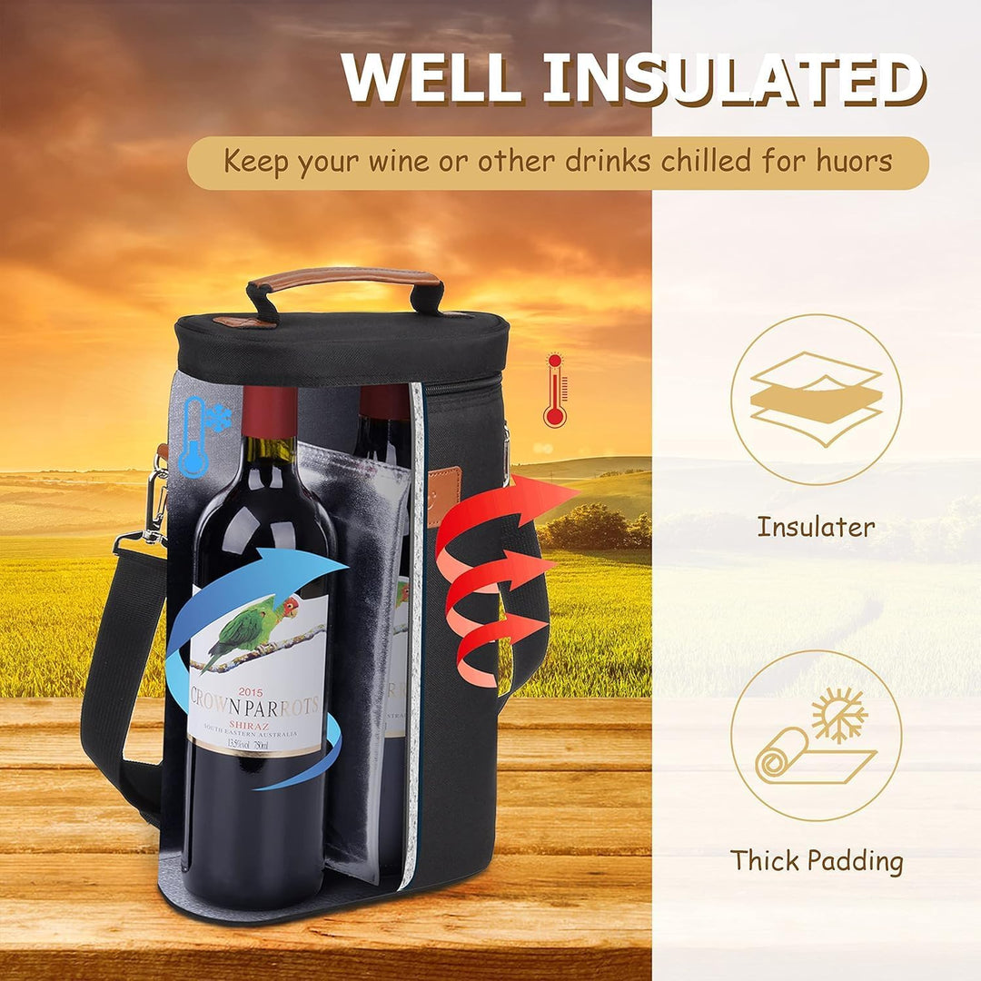 Close-up of insulated wine bottle bag showing premium fabric and robust stitching, travel-ready design.