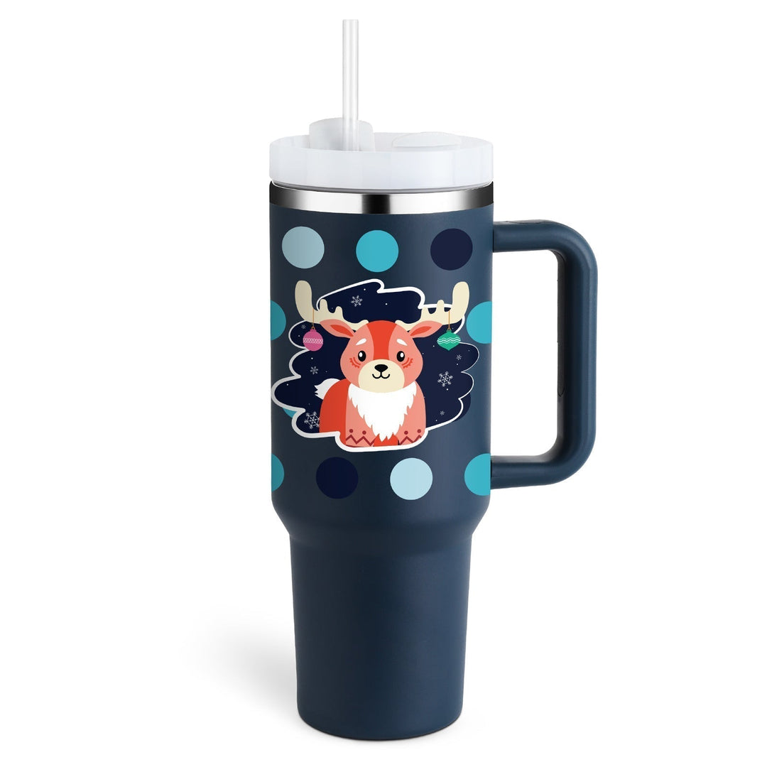 Portable insulated coffee mug with handle & straw. Keeps drinks hot for your commute.