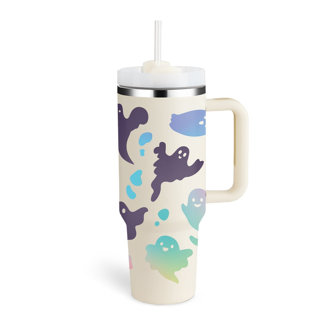 On-the-go insulated mug with handle & straw. Keeps drinks hot for work, cold for play.