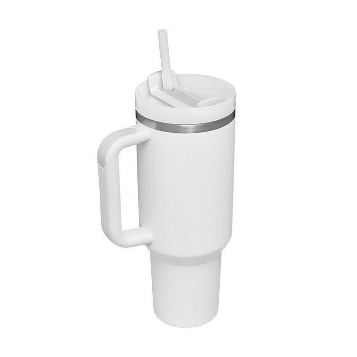 Premium insulated drinkware: mug with handle & straw. Optimal for hot and cold beverages.