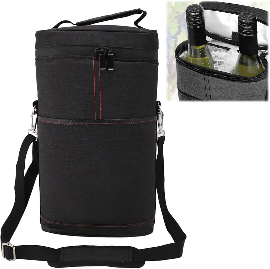 Outdoor picnic wine bag: insulated tote for 2 bottles, keeping beverages cool during travel.