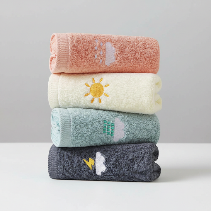 Close-up of a vibrant KiddoTowel 4-piece cotton washcloth set for children's sensitive skin