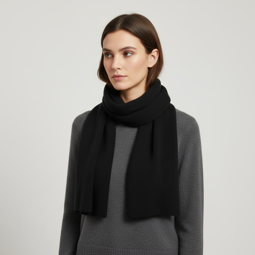 Cashmere blend knitted scarf draped elegantly, highlighting its luxurious warmth and softness.