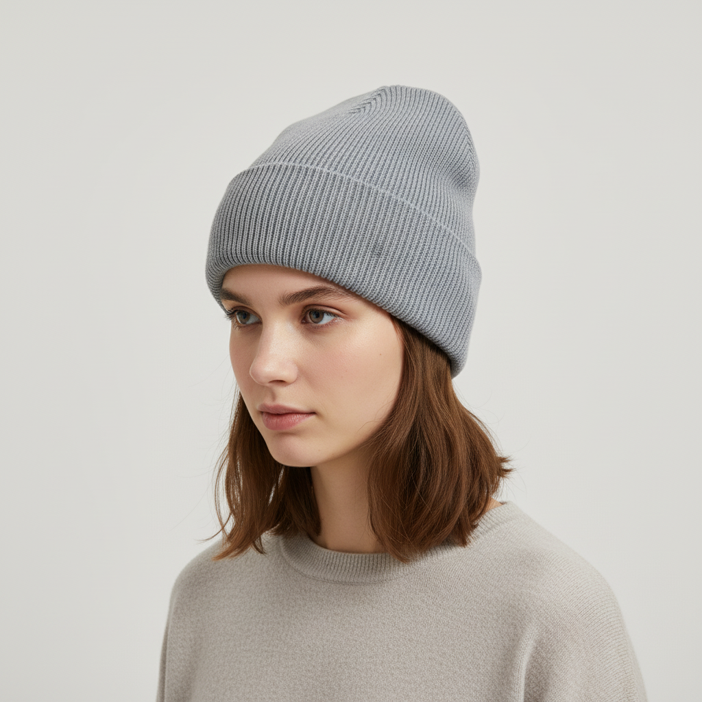 Side profile of a model wearing a grey knitted beanie, one-size, warm accessory