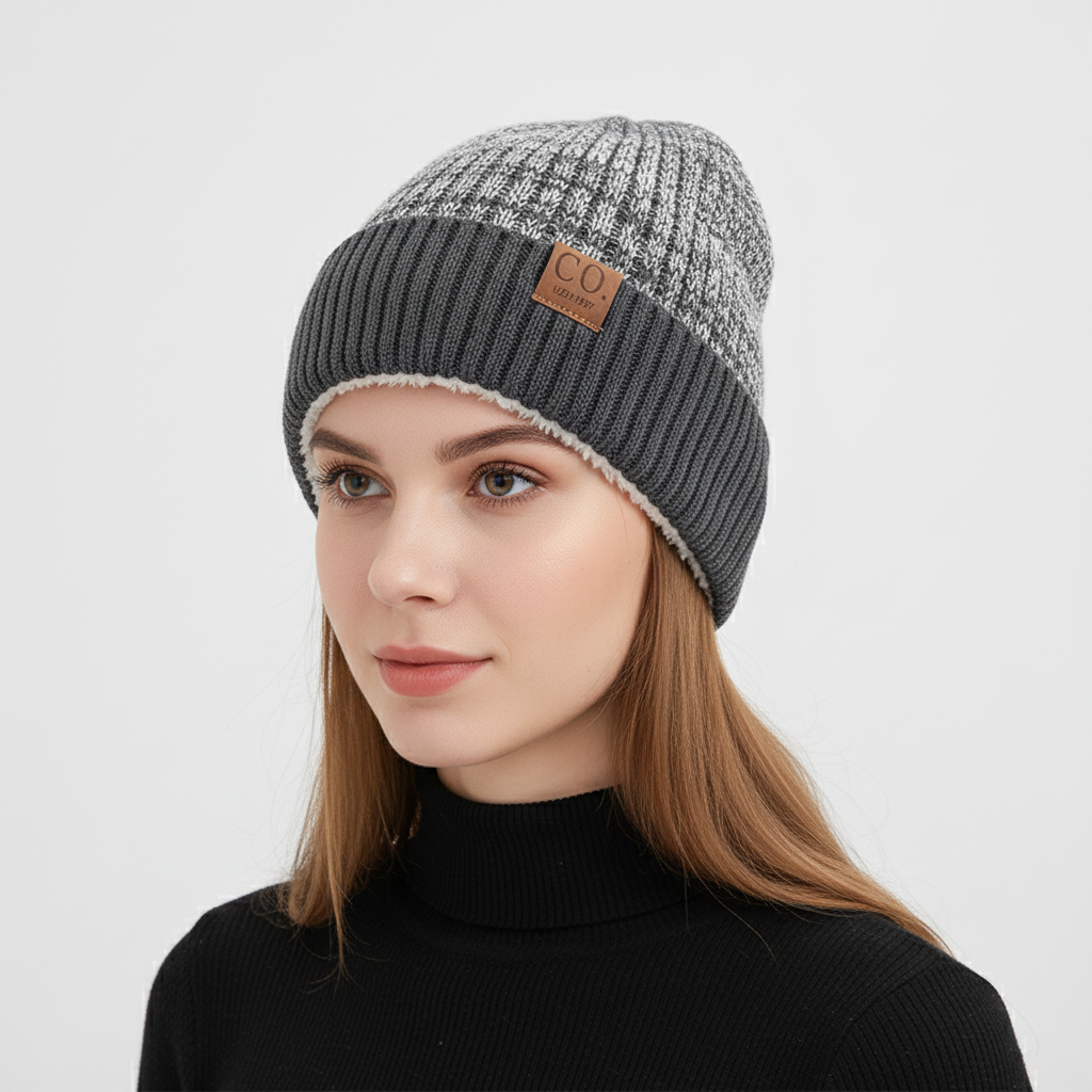 Soft knitted beanie for winter, featuring a warm fleece lining and comfortable fit