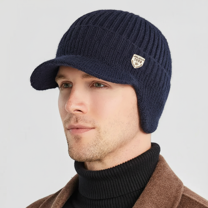 Fashionable unisex winter hat, known as Earmuffz, showcasing integrated ear flaps for extra warmth