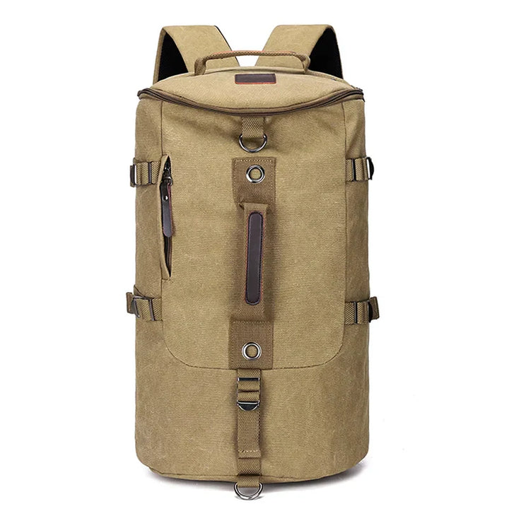 Unisex large capacity canvas travel backpack, beige, laying open to reveal vast storage space