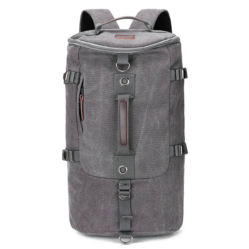 Unisex canvas travel bag, black, with multiple pockets and zippers, ready for adventure