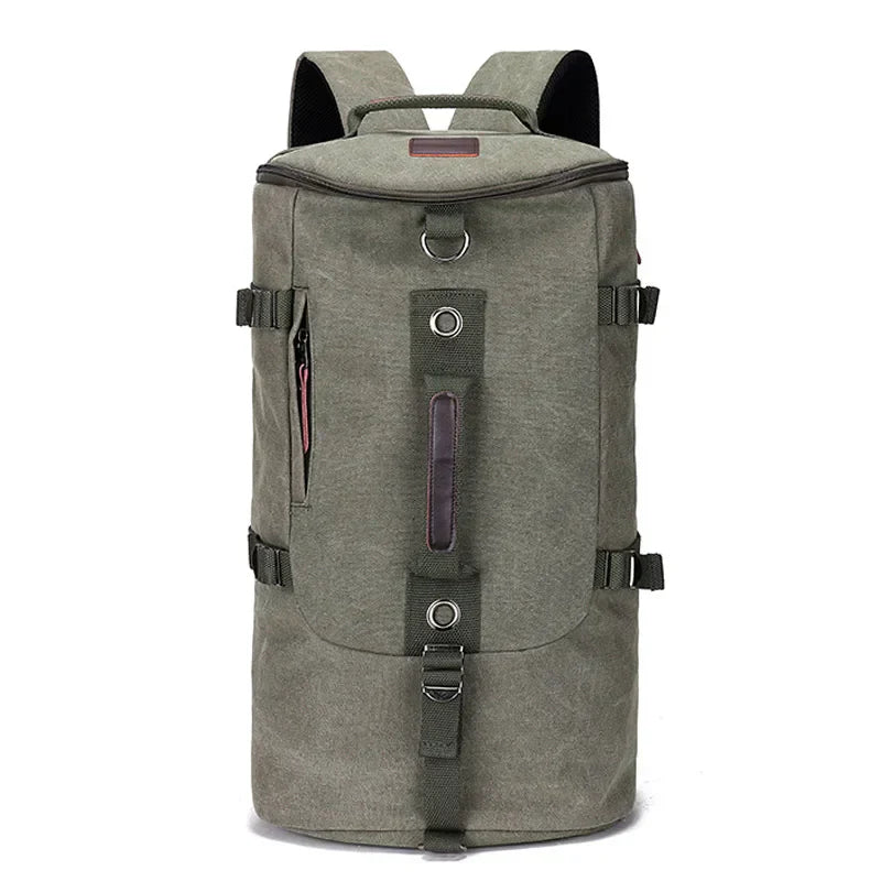 Detail of a large capacity canvas travel backpack, unisex, showing robust stitching and buckle