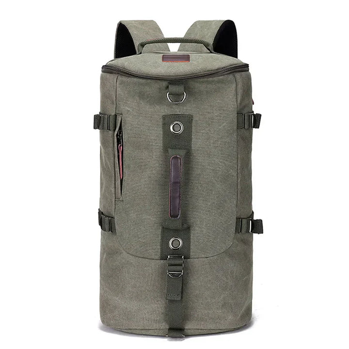 Detail of a large capacity canvas travel backpack, unisex, showing robust stitching and buckle
