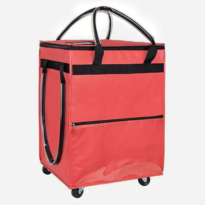 Versatile black rolling bag, suitable as a shopping cart or travel tote, shown from an angle