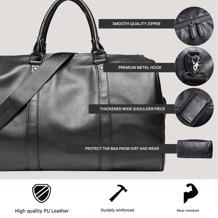 Durable unisex PU leather duffel bag, perfect lightweight carry-on for travel.