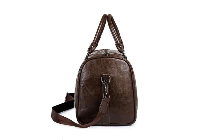 Unisex large capacity duffel bag, PU leather, lightweight carry-on for men & women.