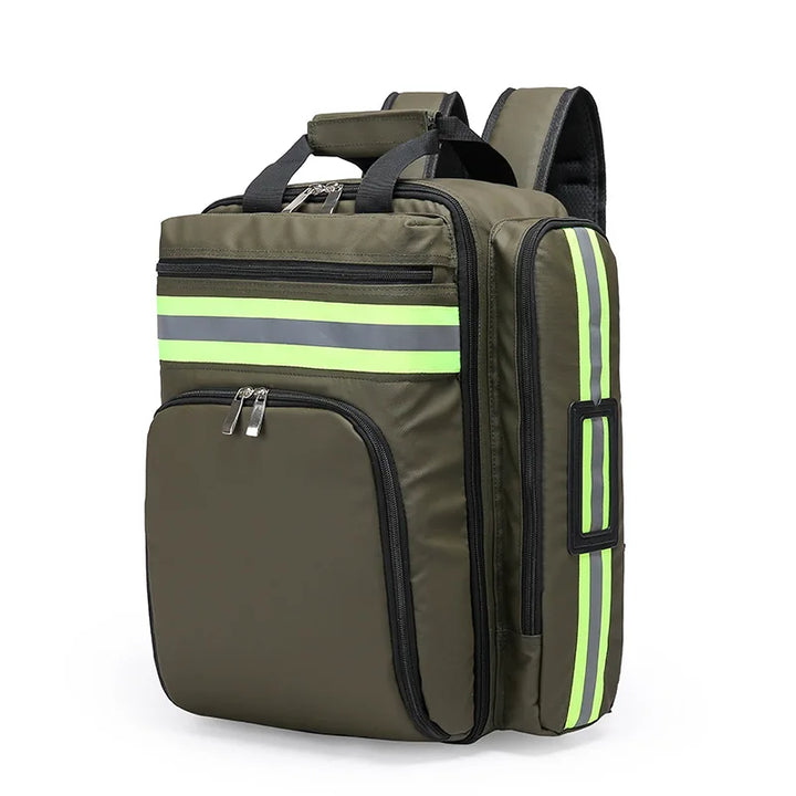 Heavy-duty waterproof backpack, crucial for carrying medical supplies and survival gear in emergencies.