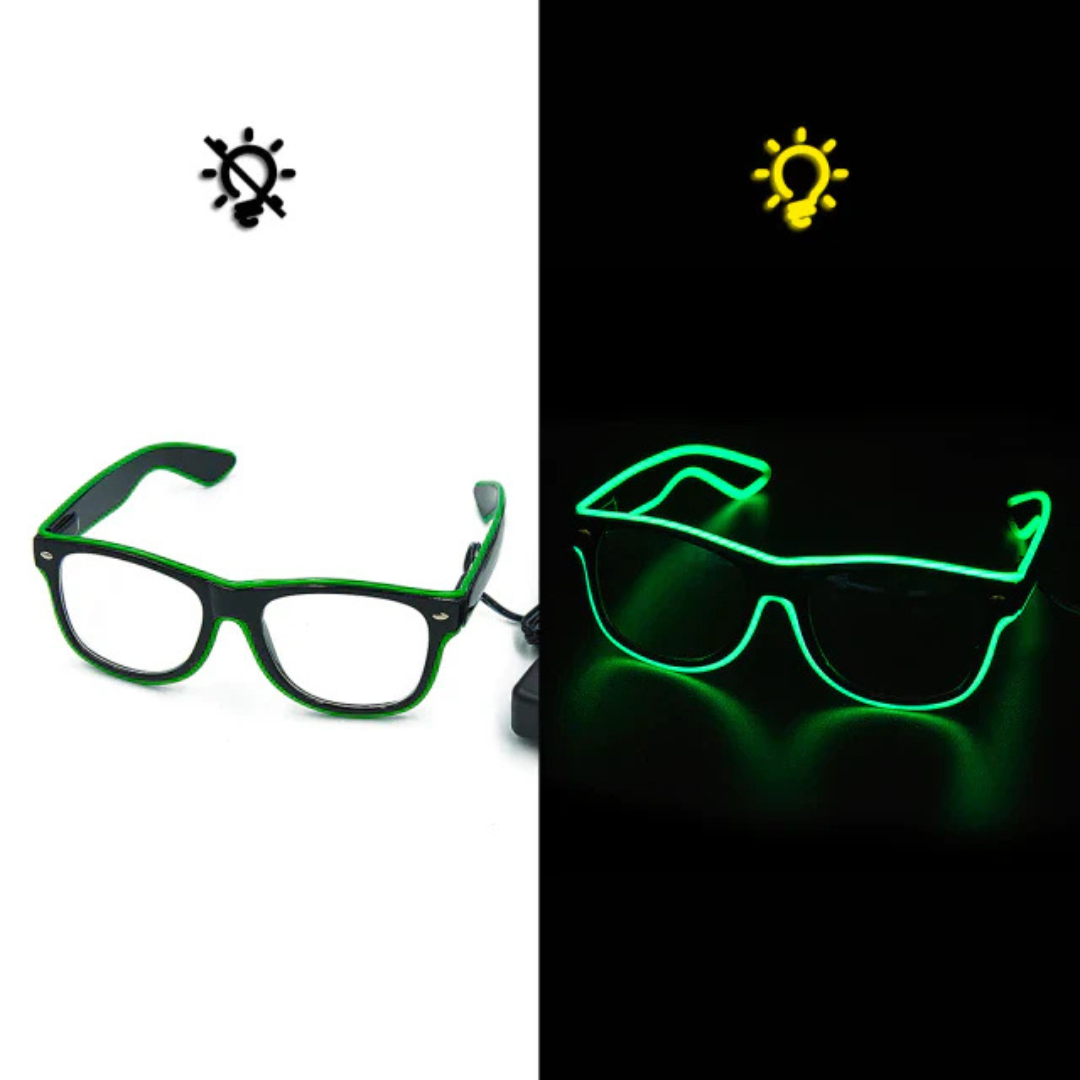 Group of friends wearing LumaGlow Lightning LED glasses, enjoying a night party