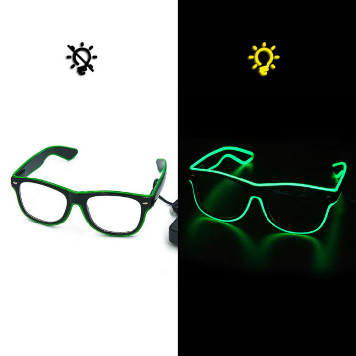 Group of friends wearing LumaGlow Lightning LED glasses, enjoying a night party