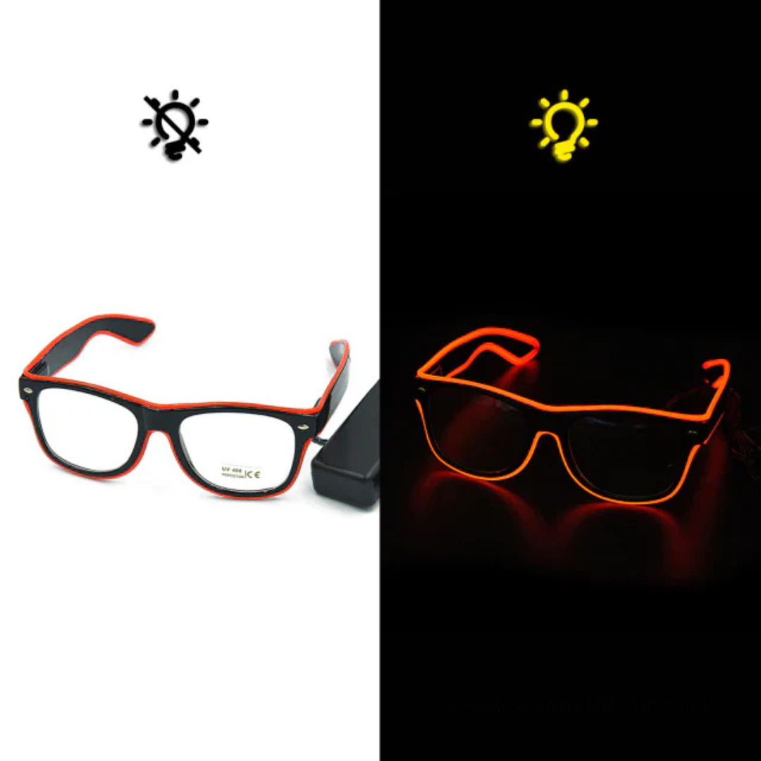 Detailed shot of the lightning design on Unisex LED Light Up Party Glasses, glowing brightly