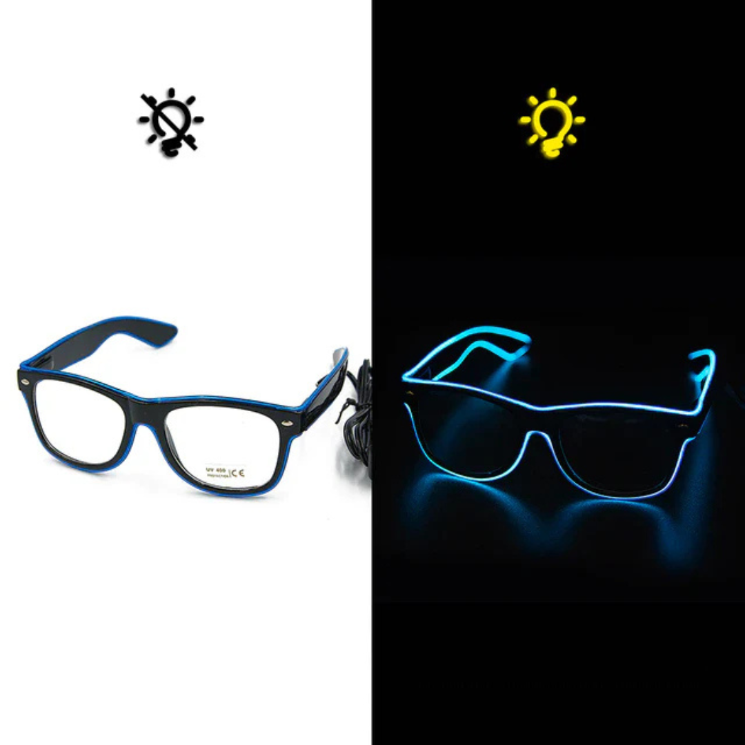 LumaGlow Lightning LED Glasses on display, ready for rave, festival, and costume events