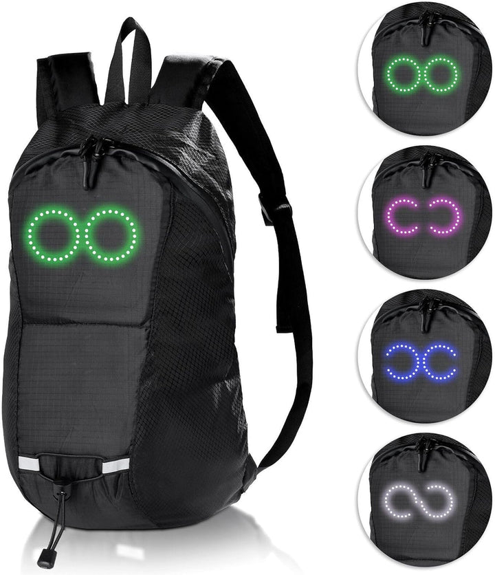 Nexora LED waterproof backpack, glowing and tech-friendly, for safe night cycling and travel.
