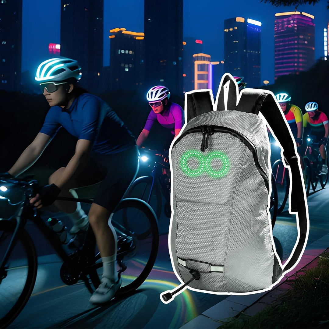 Luminous LED backpack, waterproof, offering enhanced night safety for cyclists & urban travelers.