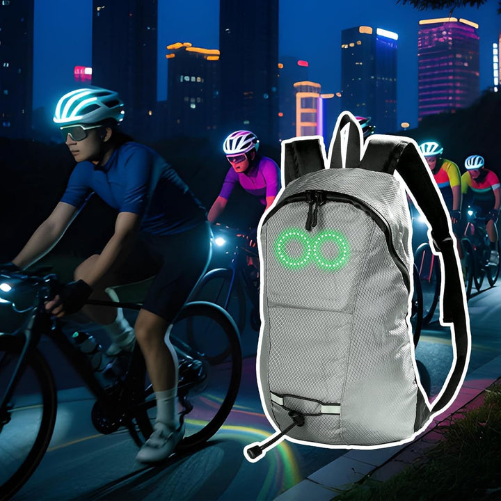 Luminous LED backpack, waterproof, offering enhanced night safety for cyclists & urban travelers.