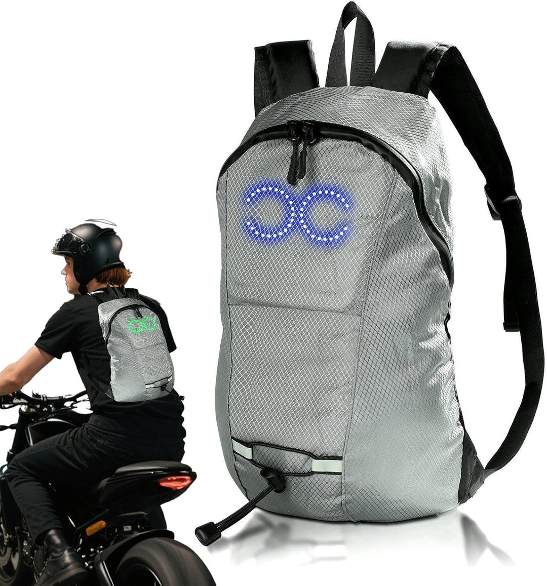 Luminous LED cycling backpack, waterproof design for night rides & improved visibility.