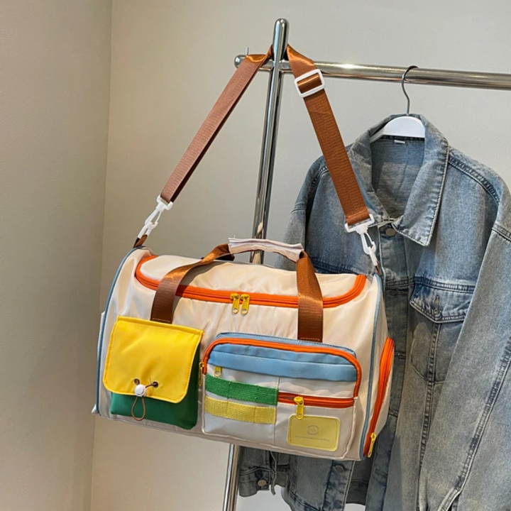 Unisex color block FlexaBag duffle bag, perfect for gym essentials. Lightweight design with multiple compartments.