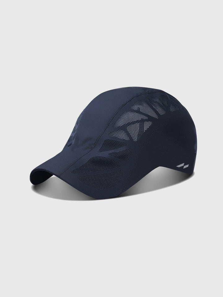 Close-up of a lightweight sports cap's ventilated visor & quick-dry material, highlighting its adjustable design.