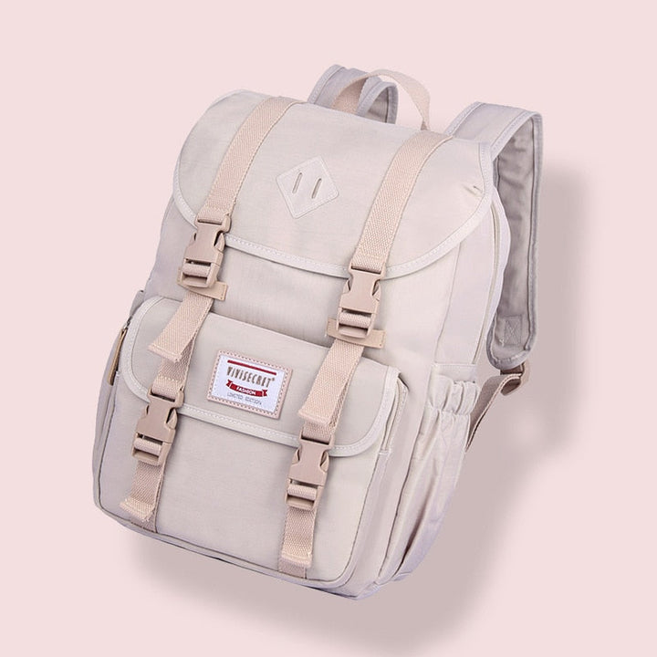 Side view of a 20-35L lightweight travel backpack, featuring water bottle pocket & adjustable straps.