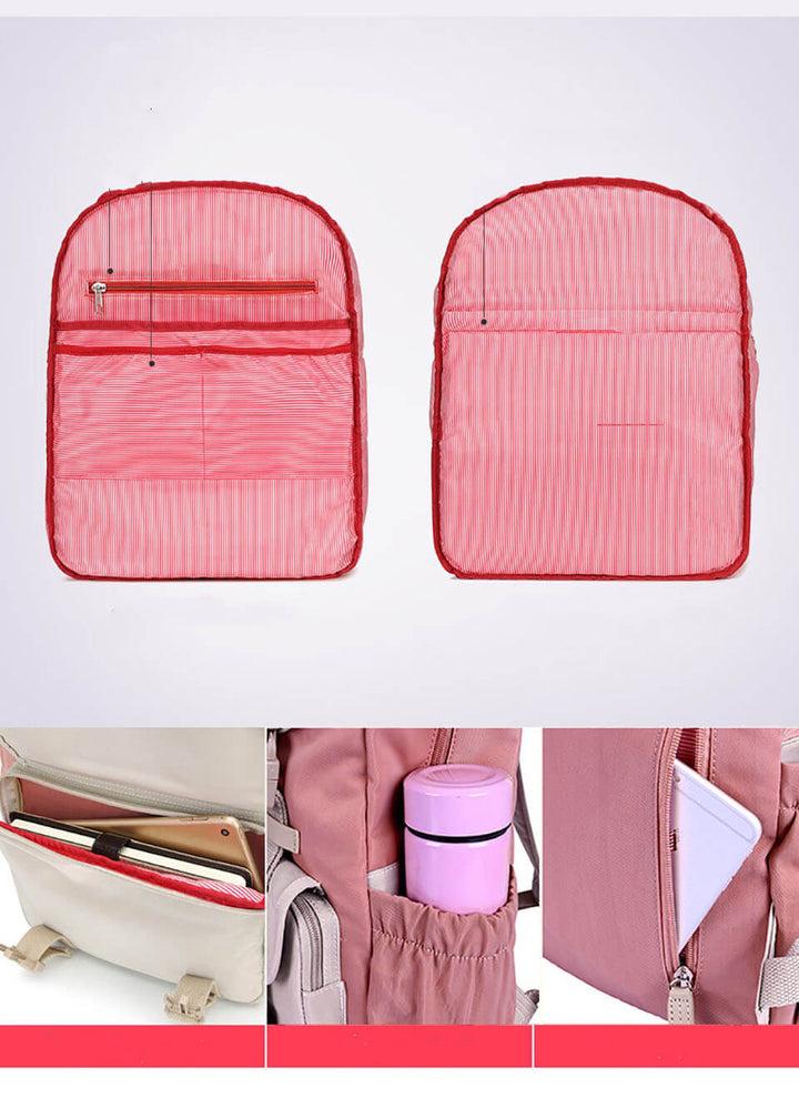 Side view of a unisex travel backpack, highlighting its slim profile and multi-compartment design