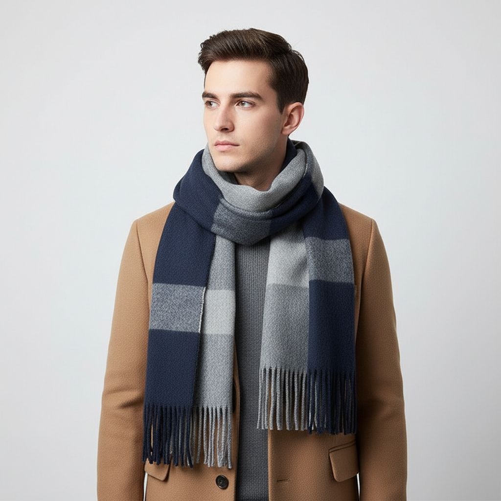 Long cashmere feel scarf draped casually, showcasing its warmth and fringed design