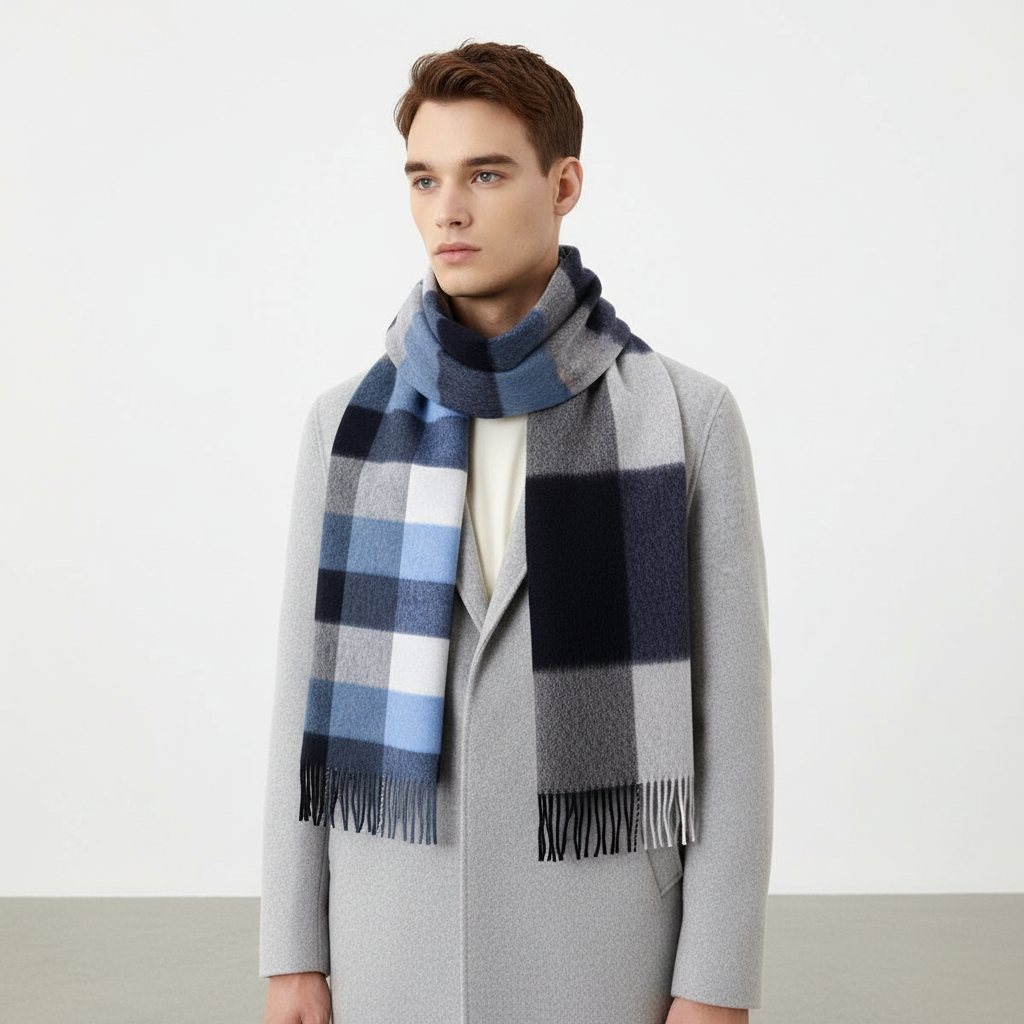 Unisex checked wool scarf, offering plush warmth and a stylish look for cold weather.