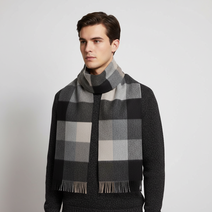 Stylish long wool scarf with a traditional check pattern, perfect for staying warm in winter.