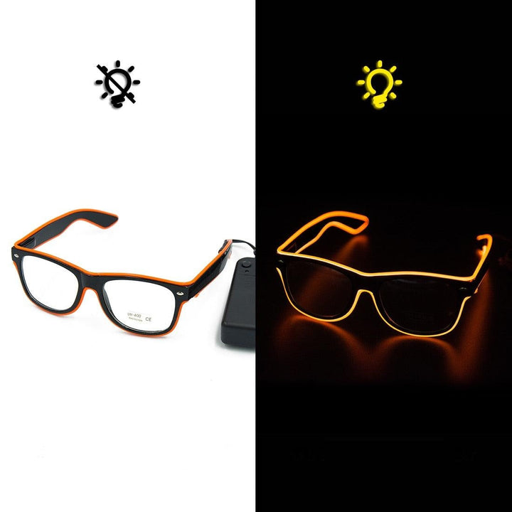 Detailed LumaGlow LED rave glasses, showcasing green neon light