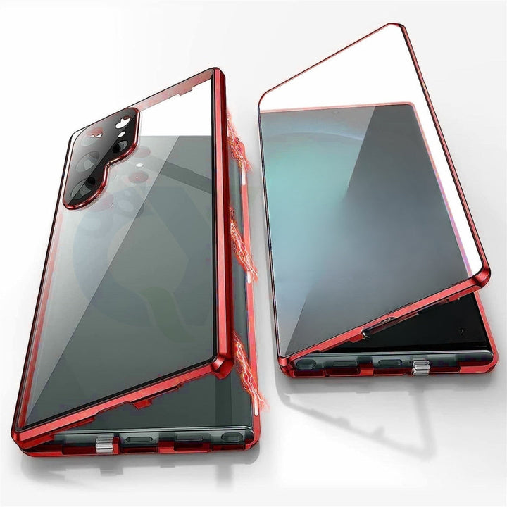 ClearLock magnetic glass phone case for Samsung, with integrated privacy filter, shown from multiple angles.