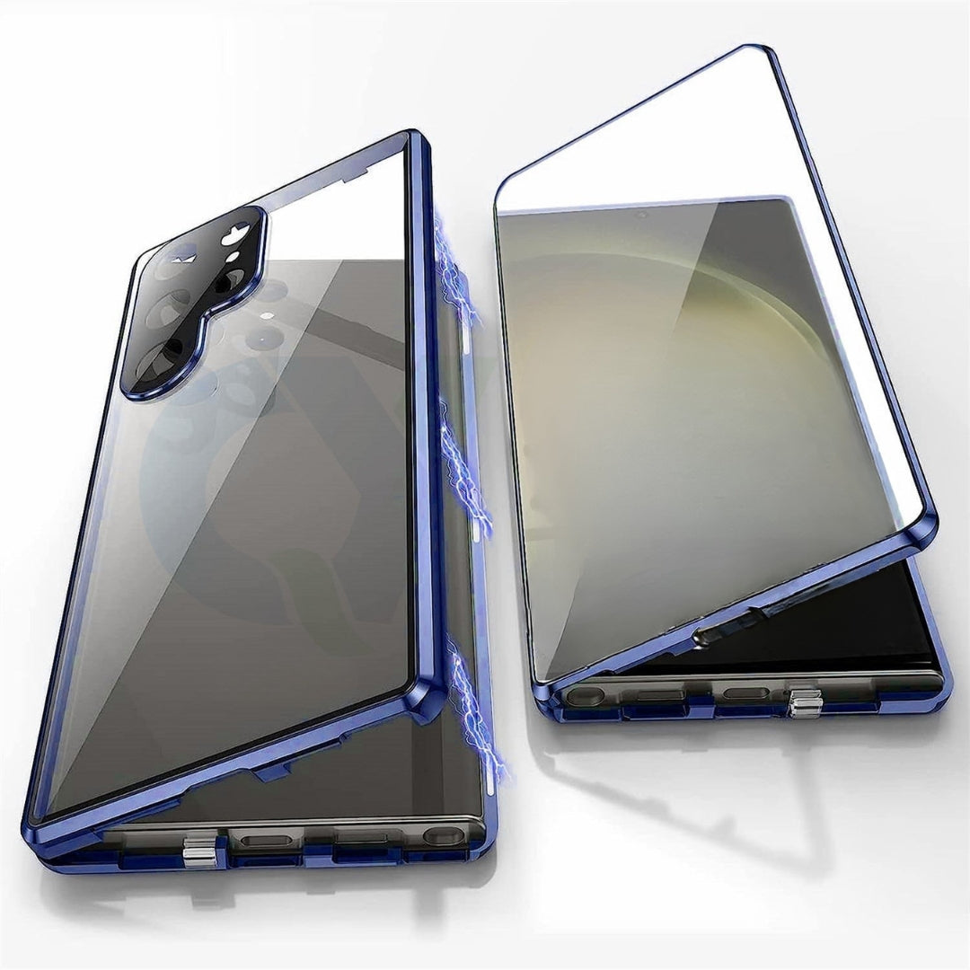 ClearLock magnetic double-sided glass phone case showing front and back, built-in privacy screen, scratch-resistant.