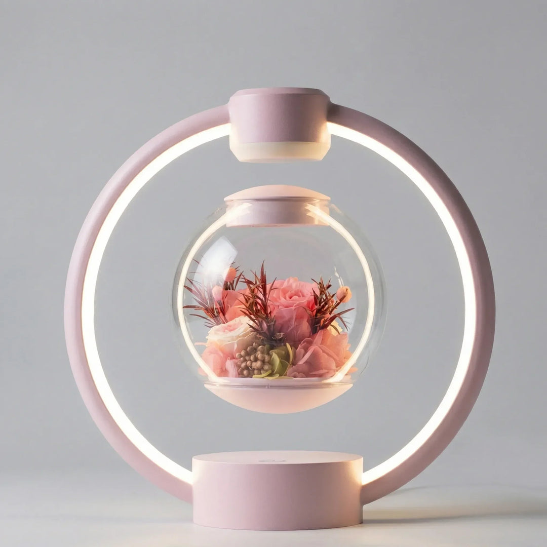 Levaflora magnetic levitation table lamp featuring a floating orb and floral decor, perfect for ambient lighting