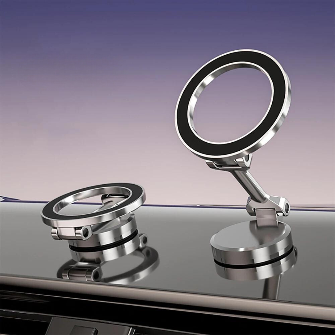 Unisex magnetic phone holder with heavy metal base, versatile smartphone gadget for desk or car