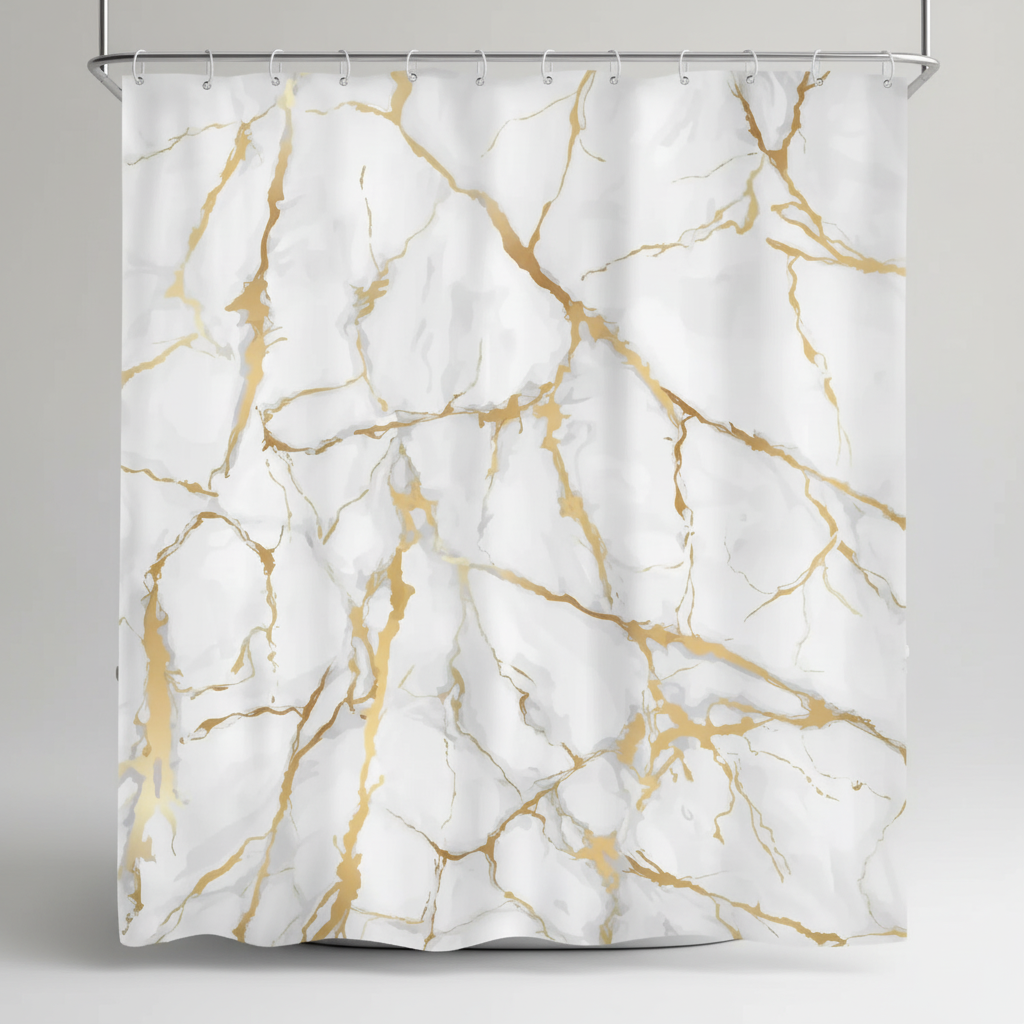 Modern bathroom featuring a MarbleLuxor marble pattern shower curtain, creating a sophisticated and clean look.