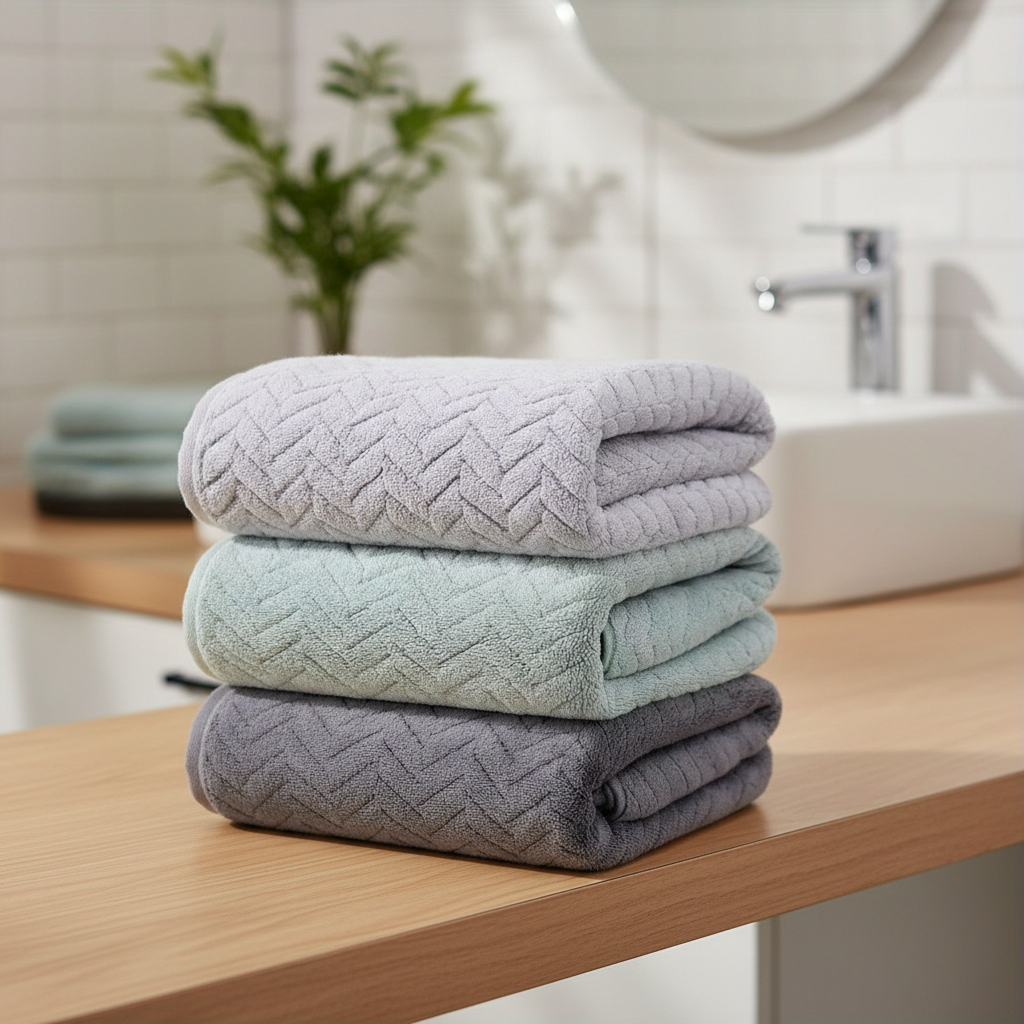 Unisex microfiber bath towel set in a neatly folded stack, showcasing quick-dry and soft texture.