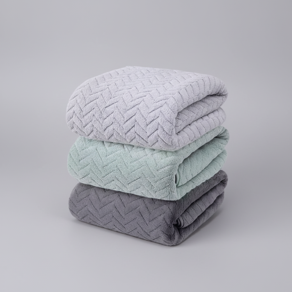 Close-up of a high-quality microfiber bath towel, highlighting its absorbent weave and plush feel.