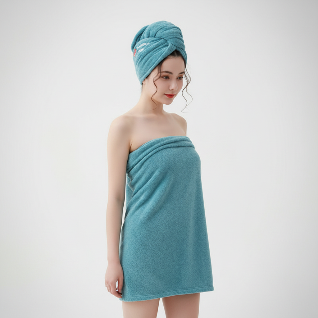 HairBuddy microfiber hair turban on a model, demonstrating frizz-free, quick-dry hair care solution.