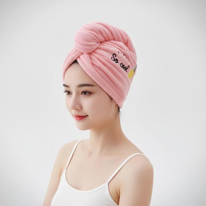 Folded microfiber hair towel, ready for use, emphasizing its convenience and quick-dry capability.