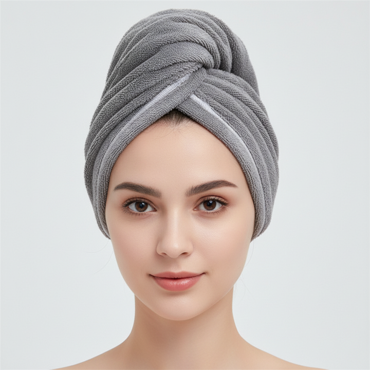WaterBlock microfiber hair towel wrap, purple, demonstrating its secure button closure
