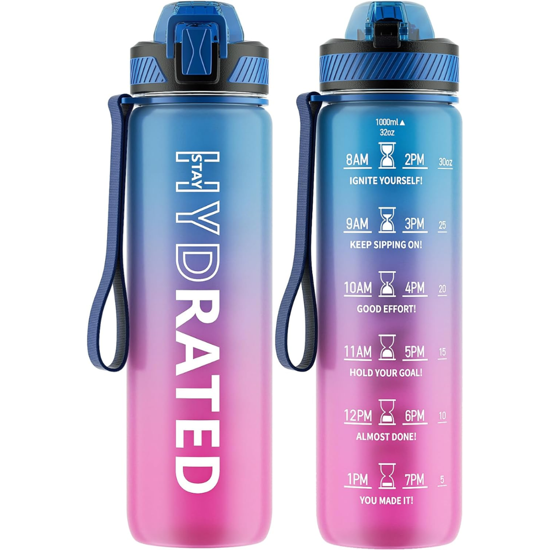 Hydration goal tracker bottle, with straw, leakproof, motivational design for daily fitness.
