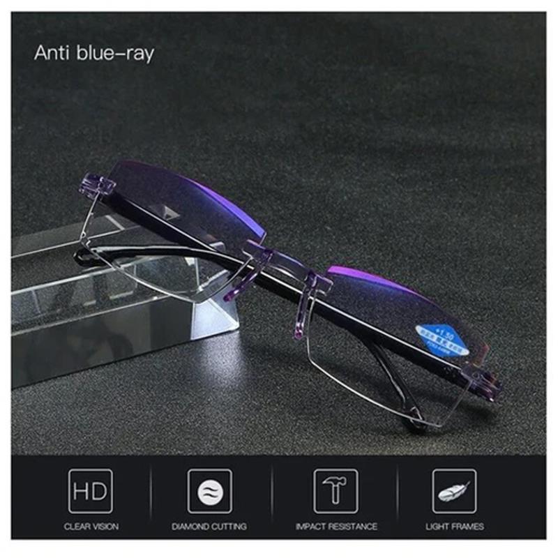 Multifocal blue light filtering reading glasses, unisex design for computer and general eye protection.