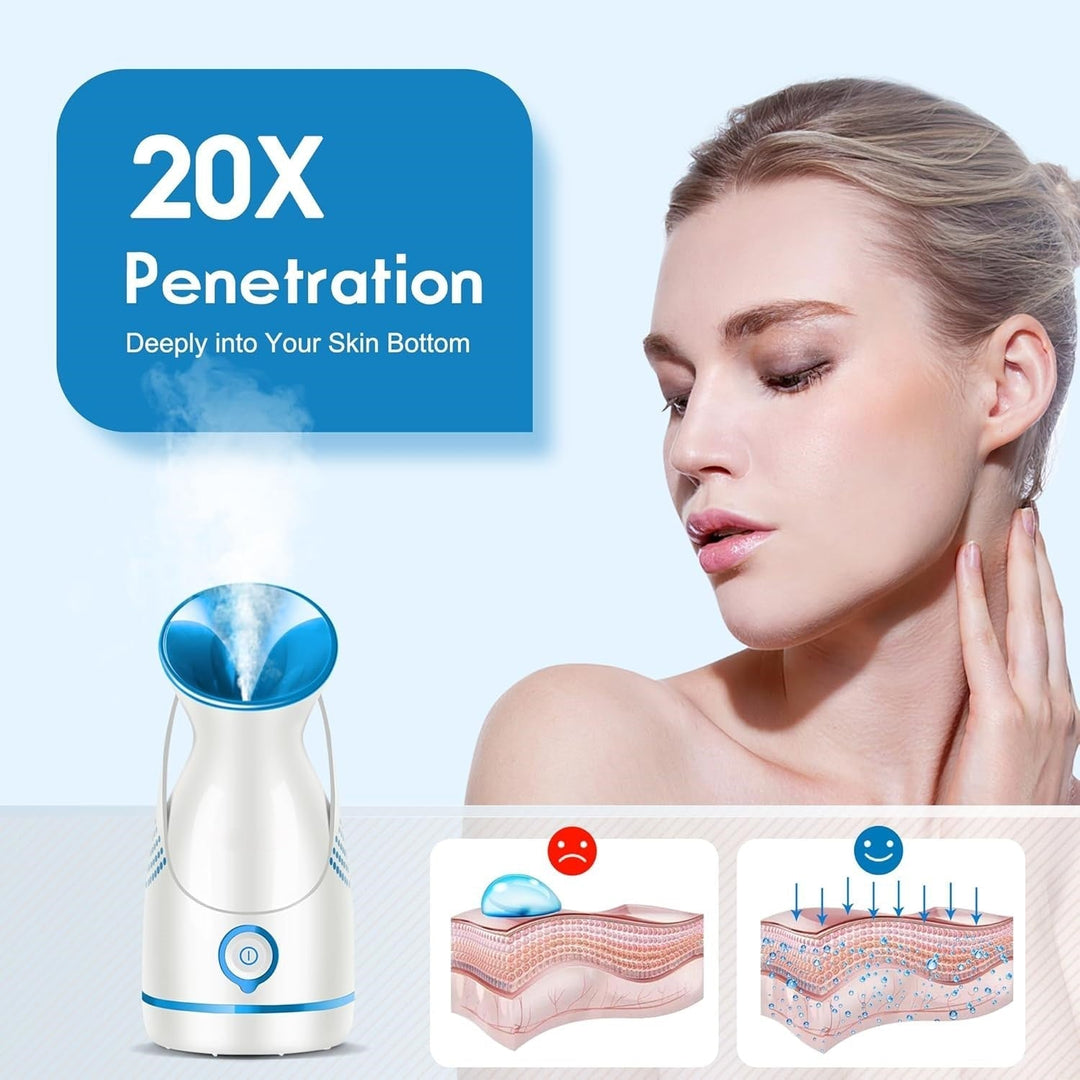 Unisex facial steamer delivering nano-ionic mist for effective pore cleansing and hydration.