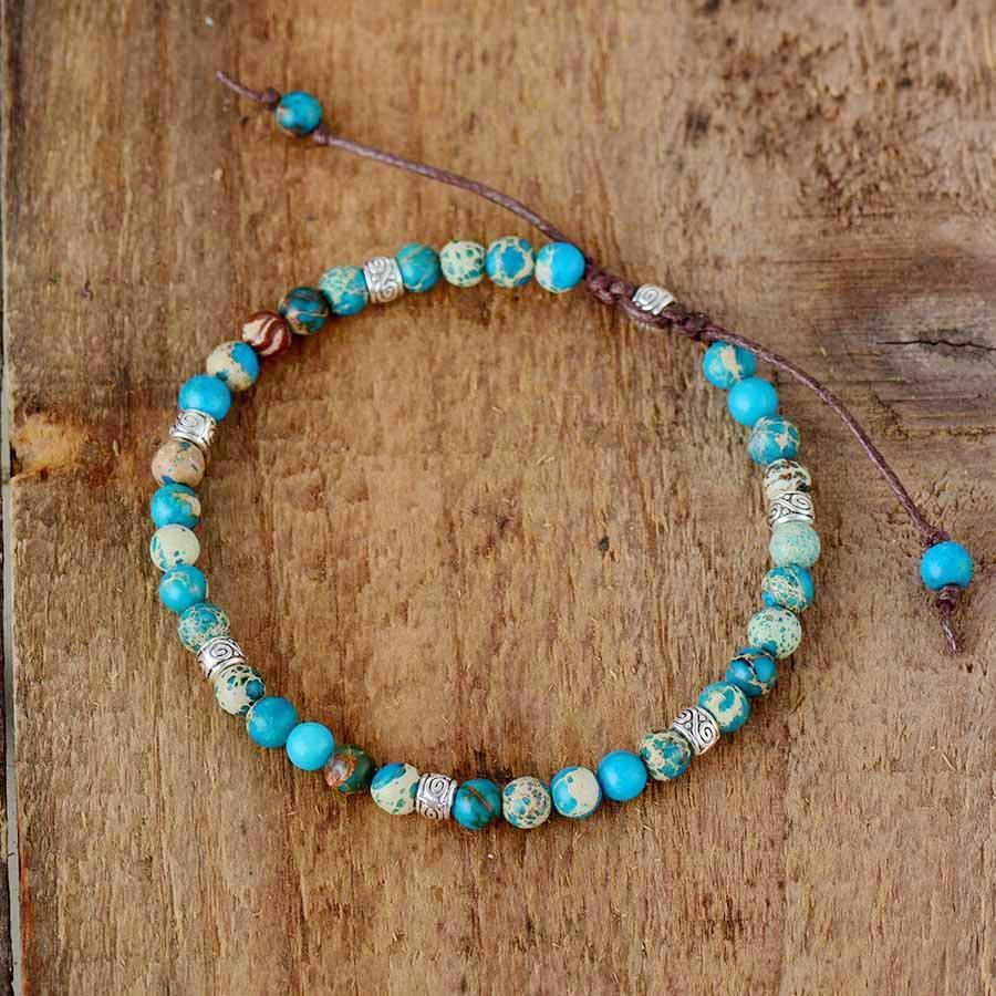 Detailed view of a handmade Nyima jasper bracelet, ideal for mindfulness practices