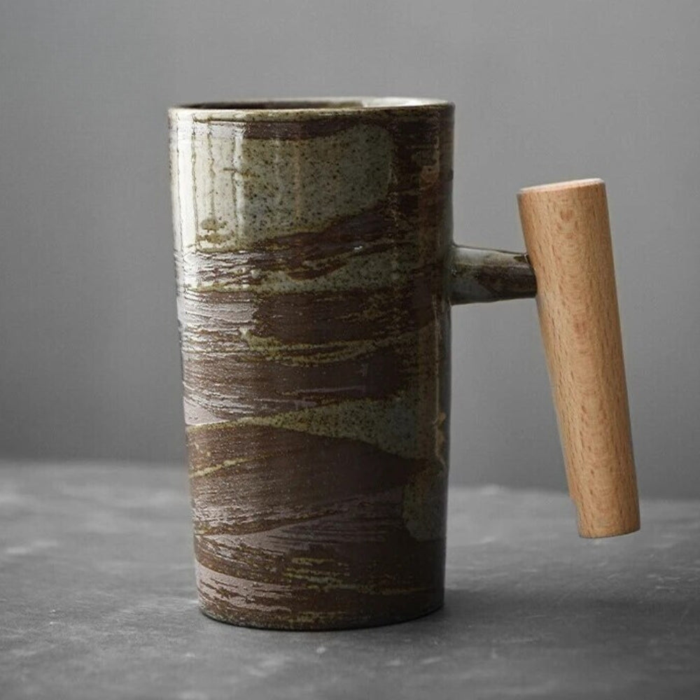 Earthy Nordic latte mug on a kitchen counter, ready for a cozy coffee moment, enhancing home decor.